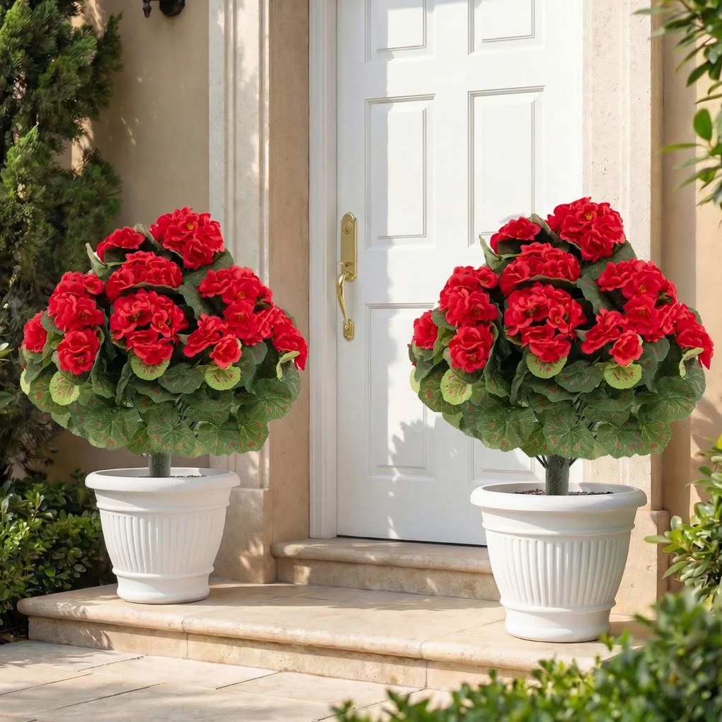Conjunto de 2 árvores topiárias artificiais de begónia com 22 flores (VASOS NÃO INCLUIDOS), 300 folhas e estacas com terra, 57 cm, para interior, exte