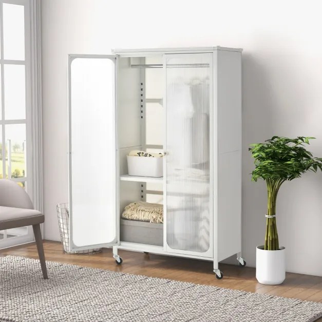 Armário guarda roupa de metal com haste suspensa e prateleira ajustável organizador de roupas para quarto 80,5 x 36,5 x 147 cm branco