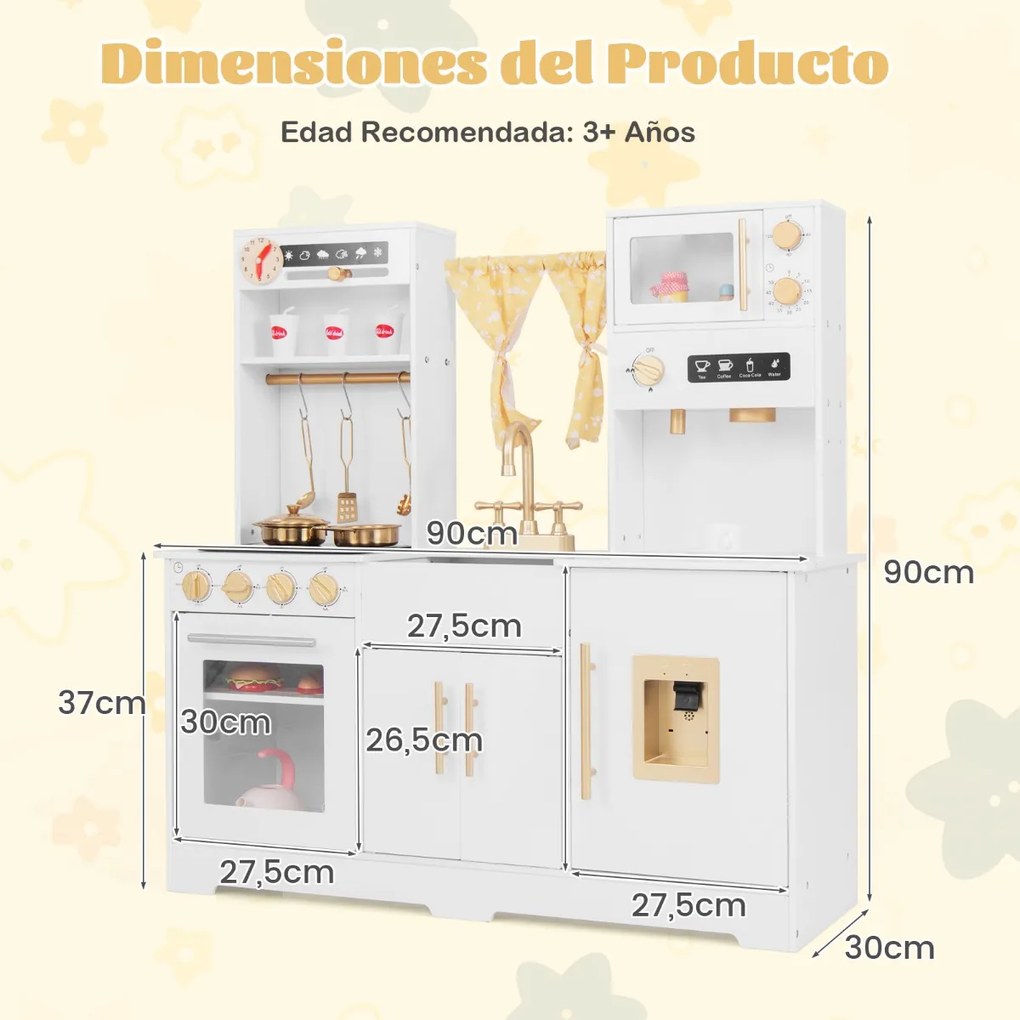 Cozinha de brincar para crianças com cafeteira Lava-loiça Torneira Fogão Dispensador de água Forno micro-ondas Forno Utensílios Cortina Sons e luzes B