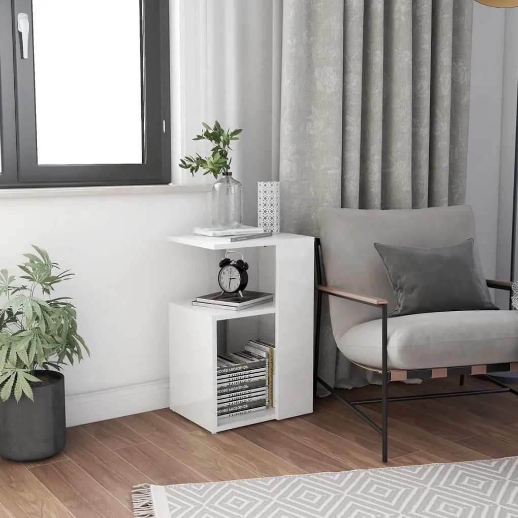 802999 vidaXL Mesa de apoio 36x30x56 cm contraplacado branco brilhante