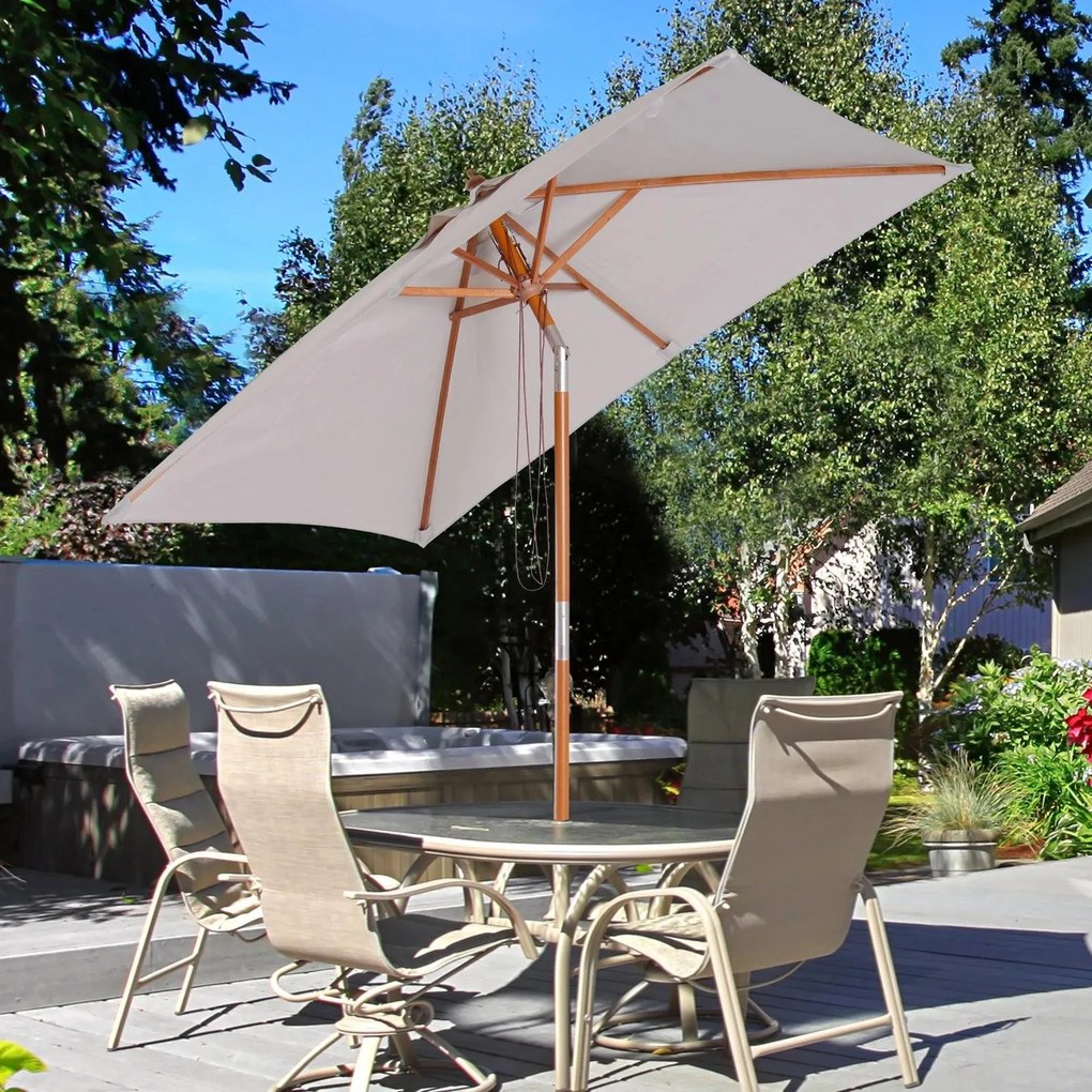 Chapéu de Sol de Jardim 200x150x230cm Chapéu de Sol Retangular Inclinável com Polia Duplo Teto e Mastro Desmontável de Madeira para Terraço Pátio Cinz