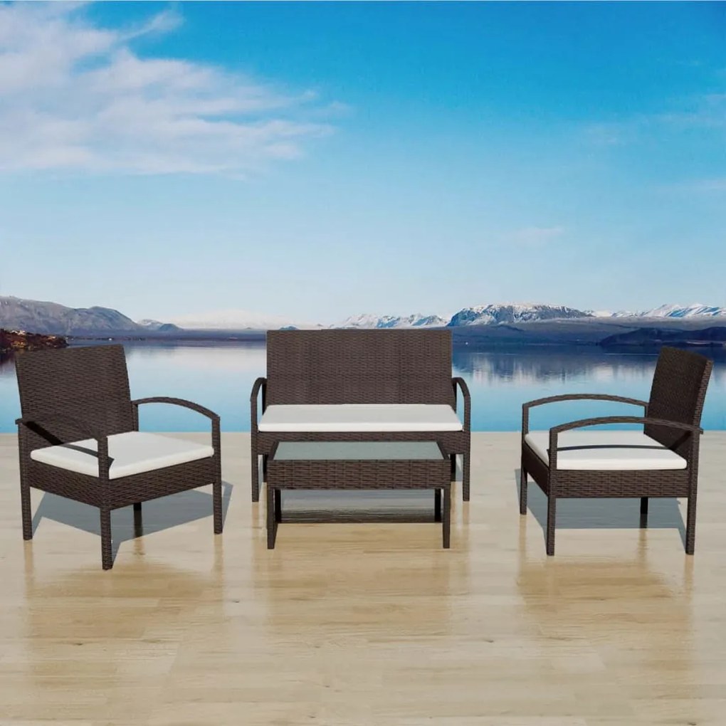 42672 vidaXL 4 pcs conjunto lounge jardim c/ almofadões vime PE castanho