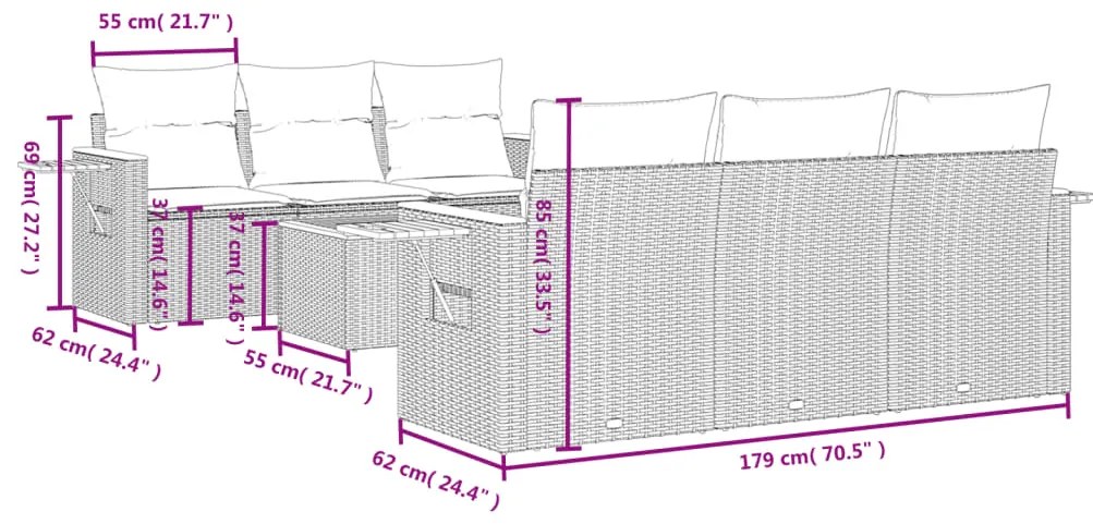 7 pcs conjunto de sofás p/ jardim c/ almofadões vime PE preto