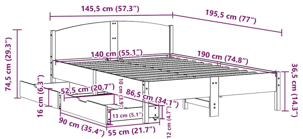 Cama sem colchão 140x190 cm pinho maciço castanho-mel