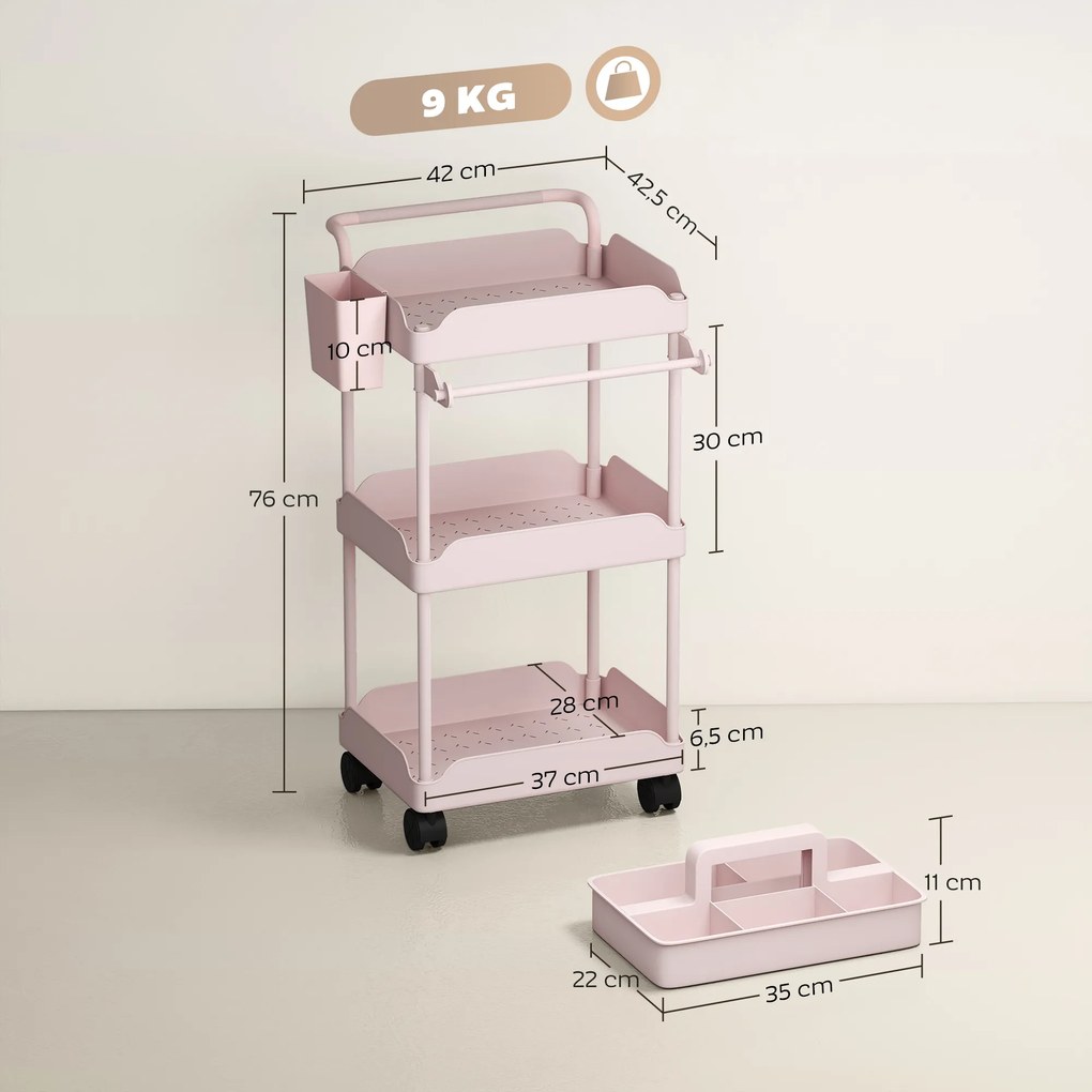 Carrinho Auxiliar com Rodas de 3 Níveis com Cestos Extraíveis Suporte para Toalhas e Estrutura de Metal 42x42,5x76 cm Rosa
