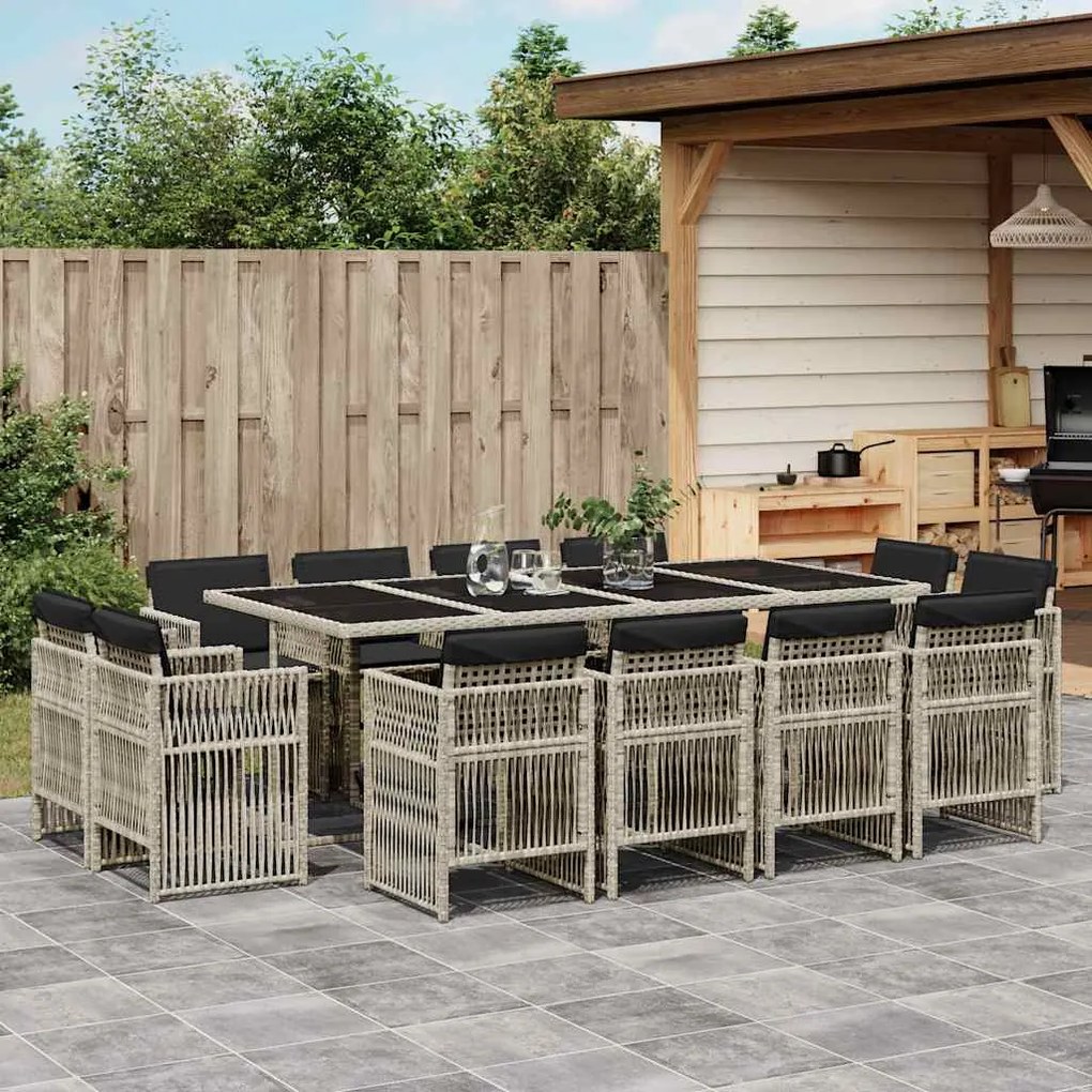 13 pcs conj. jantar jardim c/ almofadões vime PE cinzento-claro