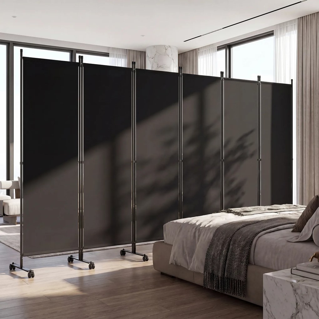 Biombo  Separador de Espaço Dobrável de 6 Painéis, 331,5 x 35,5 x 173 cm, Rodas com Travão, Preto