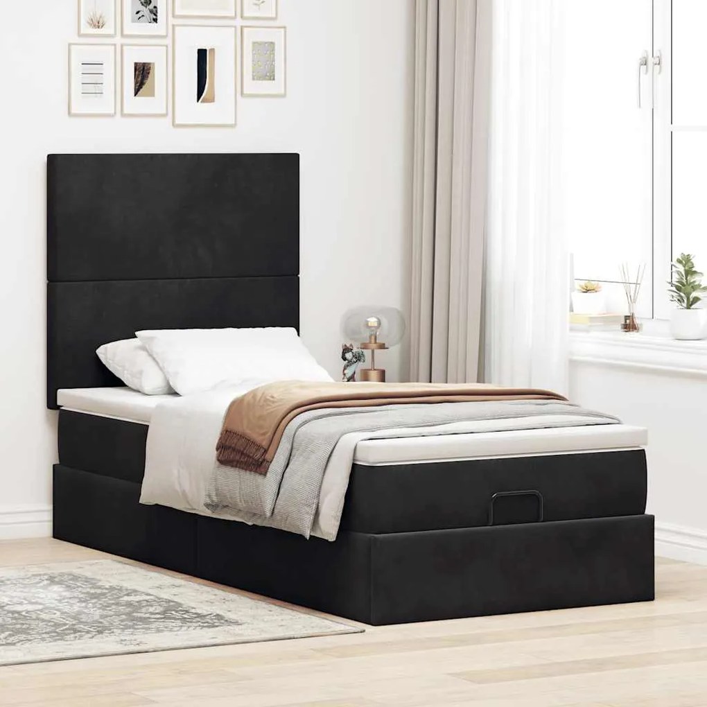 Estrutura de cama otomana com colchões preto 80x200cm veludo