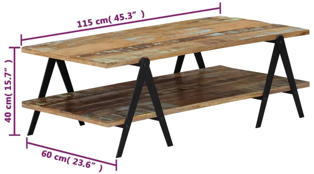 Mesa de centro 115x60x40 cm madeira recuperada maciça