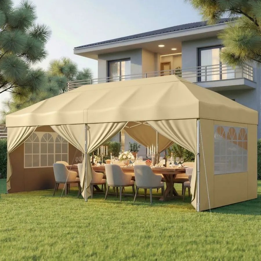 Tenda dobrável de 3 x 6 m para jardim e festas, com 6 paredes laterais, cor bege