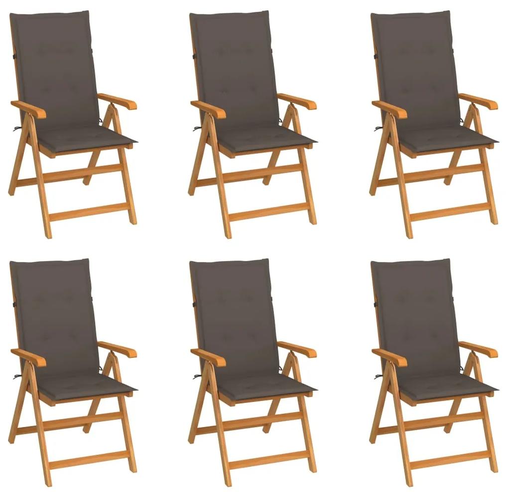Cadeiras de jardim c/ almofadões cinza-acast. 6 pcs teca maciça