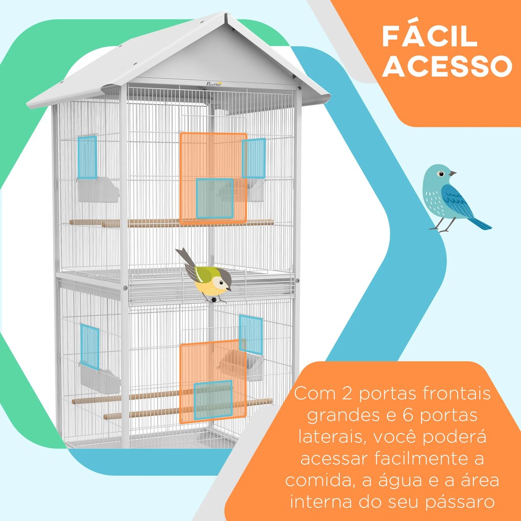 Gaiola para Pássaros 2 em 1 com 2 Andares Rodas 4 Comedouros 4 Poleiros e Bandejas Amovíveis 78x75x168 cm Branco