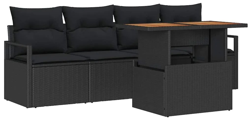 Conjunto de Sofá de Jardim de 5 Peças com Almofadas Pretas de Rattan A