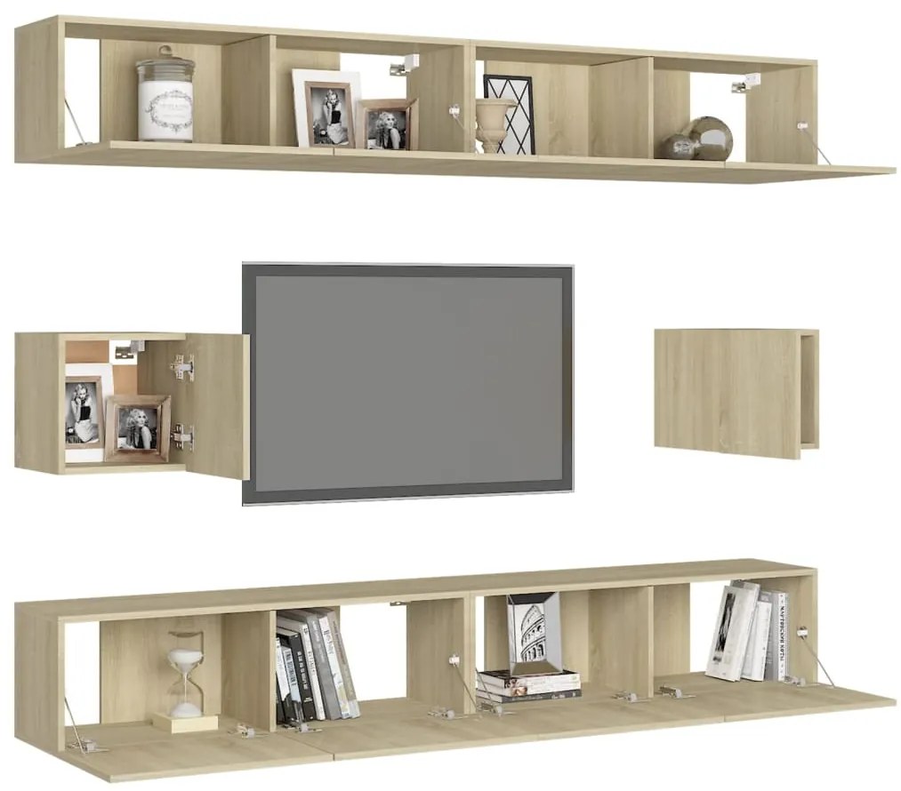 6 pcs conjunto móveis de TV derivados madeira carvalho sonoma