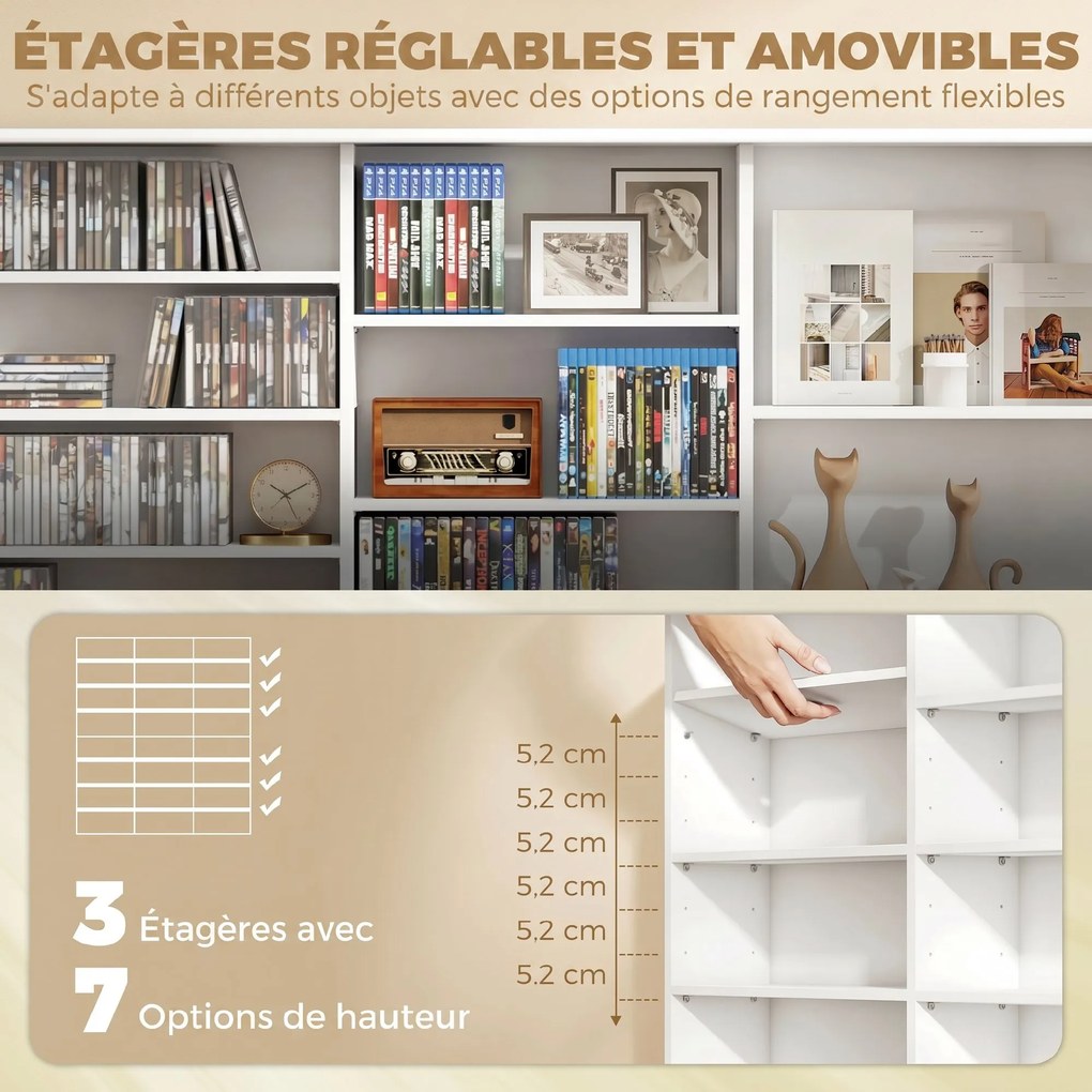 Móvel de arrumação 145 (L) x 24 (P) x 126,3 (A) cm para 1032 CDs / 594 DVDs, estante multimédia, 24 compartimentos e 18 prateleiras ajustáveis, branco
