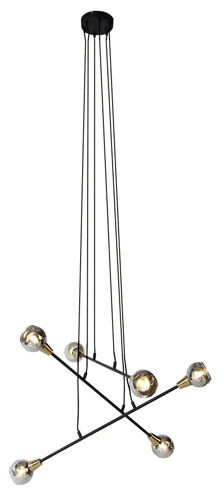 Candeeiro de suspensão preto com latão e vidro fumê 6 luzes - Vidro Moderno,Art Deco