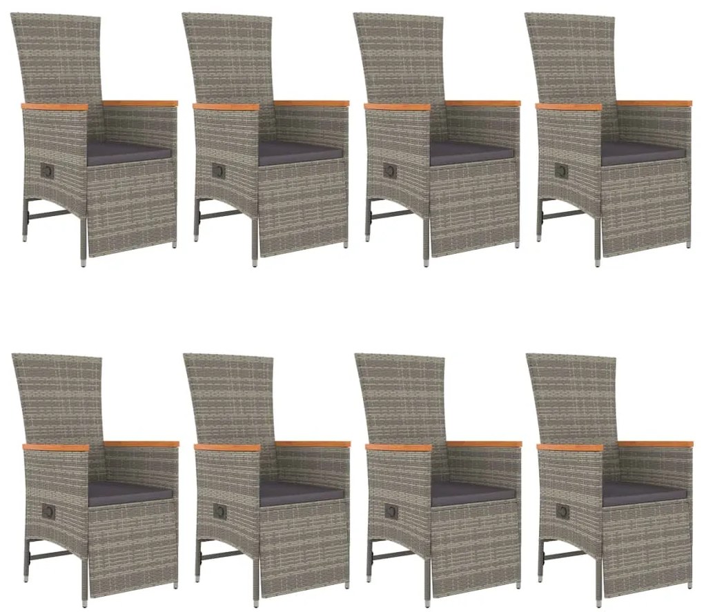 9 pcs conjunto de jantar p/ jardim c/ almofadões vime PE cinza