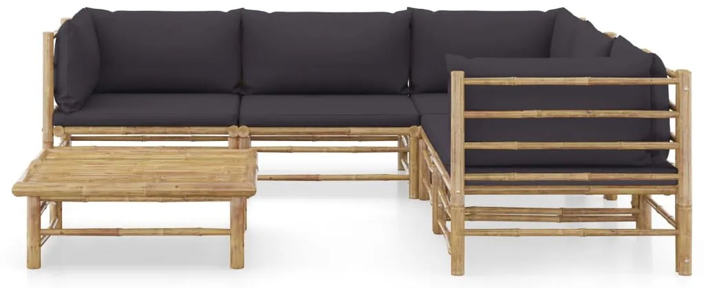 6 pcs conj. lounge jardim em bambu c/ almofadões cinza-escuro
