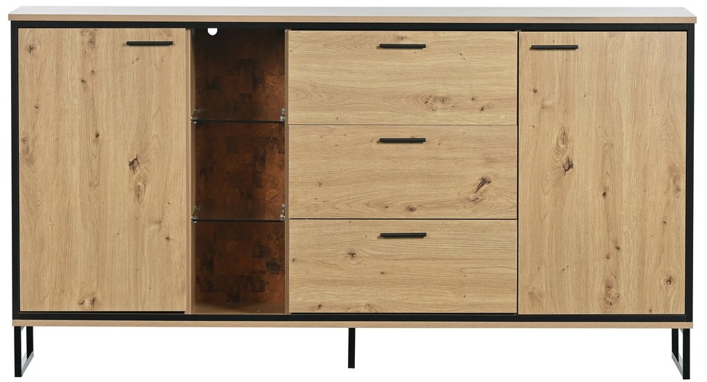 Credenza Moderna em Madeira com Três Gavetas, Duas Portas e Prateleiras,160x40x85cm, Preto e Cor Natural