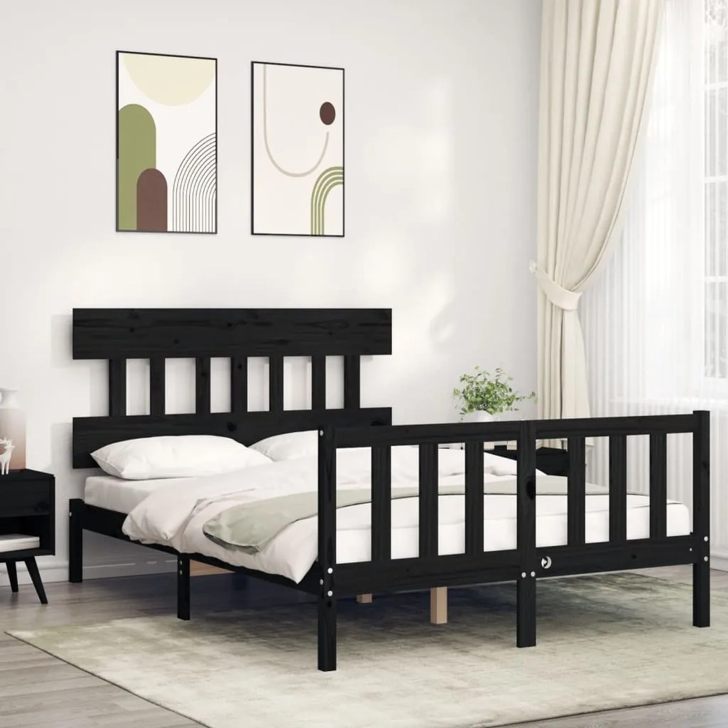 vidaXL Estrutura de cama de casal com cabeceira madeira maciça preto