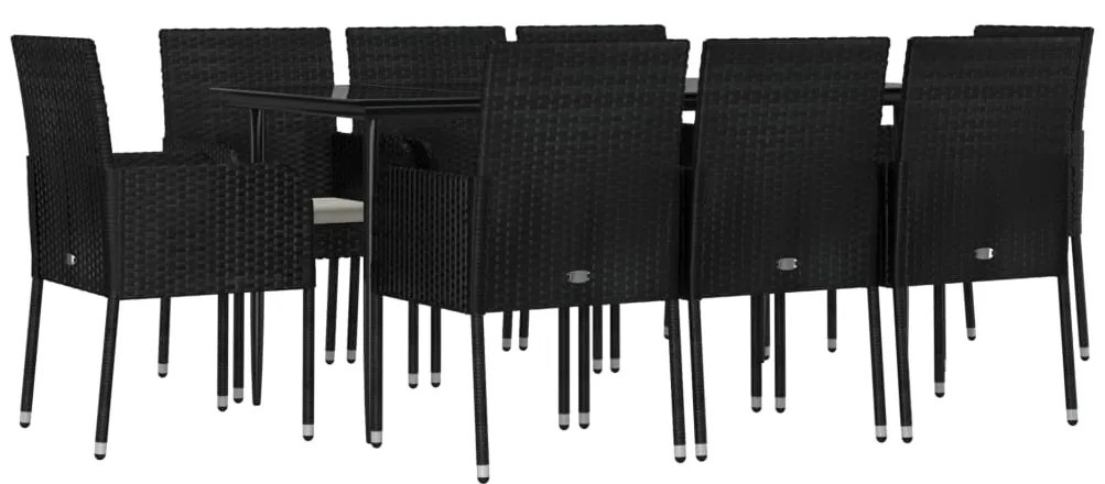 9 pcs conjunto de jantar p/ jardim c/ almofadões vime PE preto