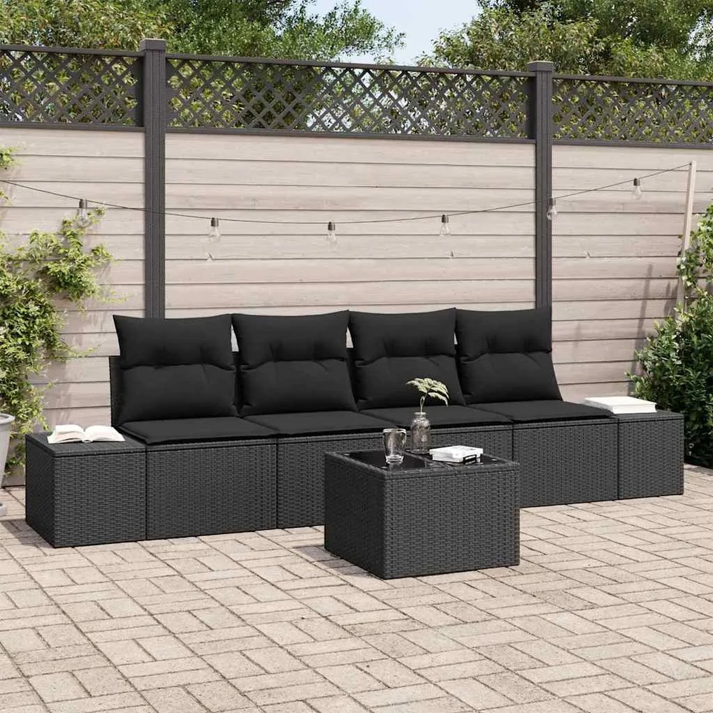 vidaXL Conjunto de Sofás de Jardim 5 Peças com Almofadas Pretas de Rattan Sintético