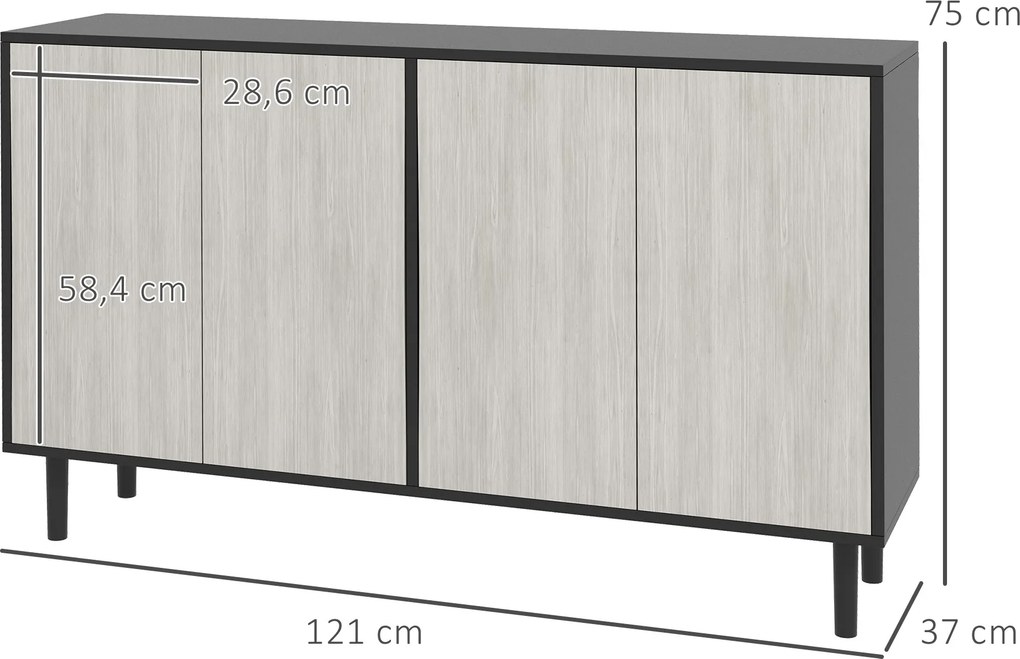 Armário de cozinha 121 x 37 x 75 cm com 2 armários e prateleiras ajustáveis com acabamento em madeira cinzenta e preto