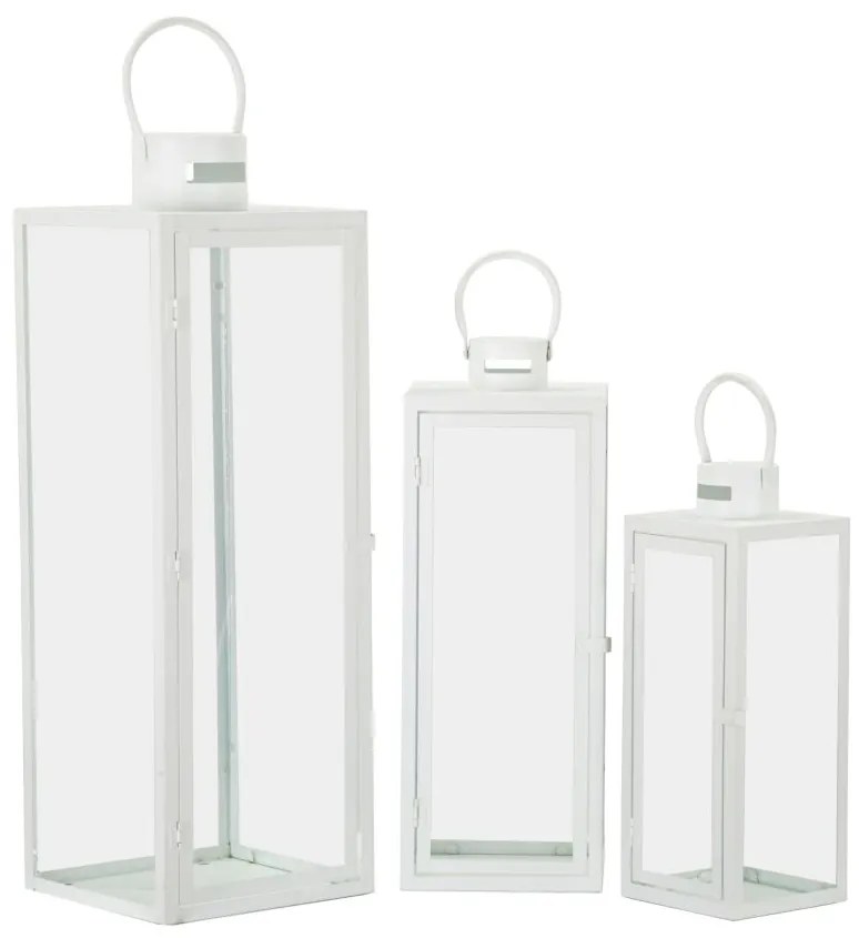 Conjunto de 3 Lanternas Brancas em Metal e Vidro – 66 cm, 49,5 cm e 39