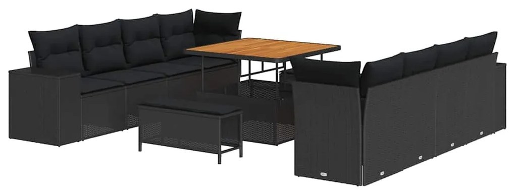 Conjunto de Sofá de Jardim de 11 Peças com Almofadas Vime Preto Acácia