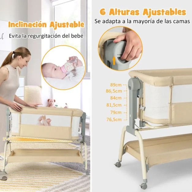 Berço de viagem para bebés com rede Altura ajustável Colchão Rede Cesto de armazenamento e rodas 101 x 56 x 89 cm Bege