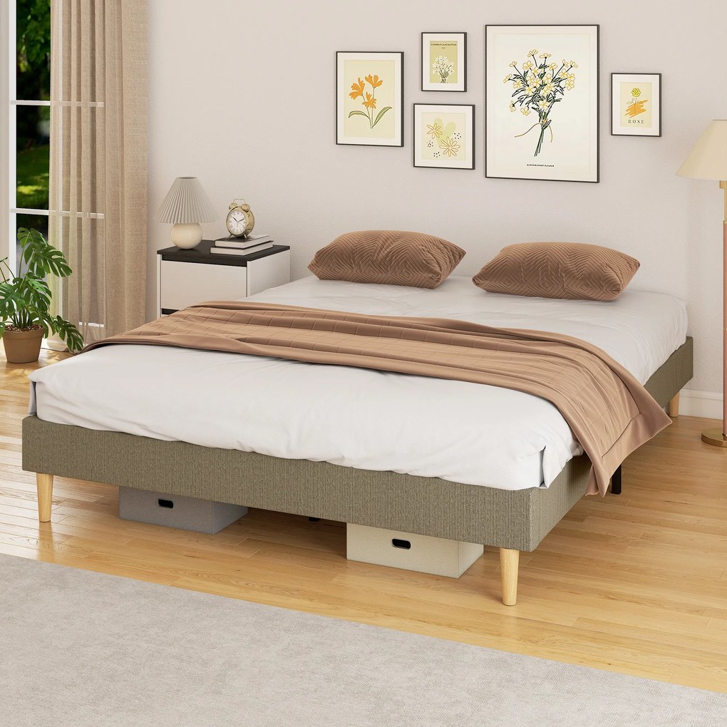 Estrutura de cama de 160 x 200 cm com base de ripas de madeira (COLCHÃO NÃO INCLUIDO), cama de casal estofada em veludo canelado, cinzenta