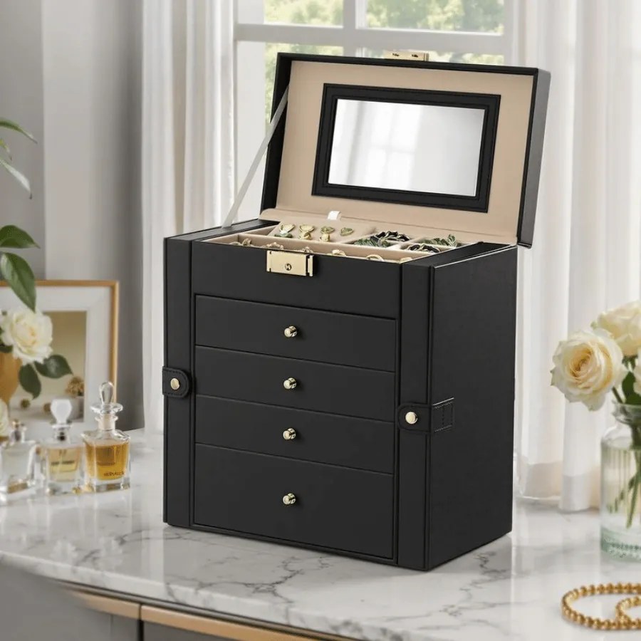 Caixa para joias com 5 níveis 15 x 26,2 x 28 cm Preto