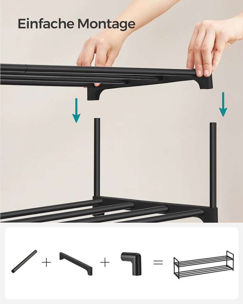 Sapateira com 2 prateleiras, em metal, 30 x 116 x 34 cm, empilhável Preto