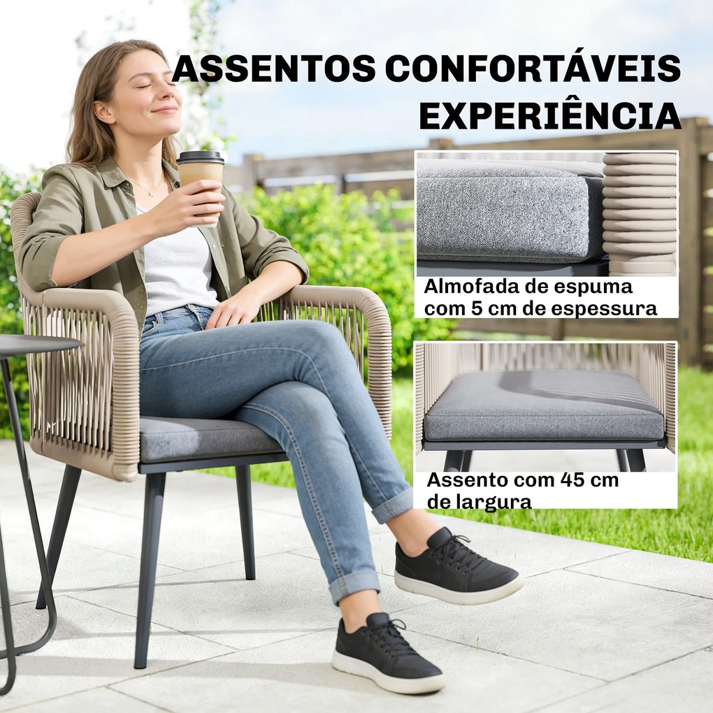 Conjunto de 2 Cadeiras de Jardim Exterior em Vime (MESA NÃO INCLUIDA) com Almofadas Apoios de Braço e Estrutura de Aço 54x65x80 cm Cinza