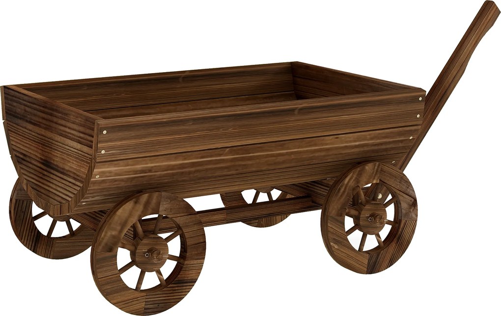 Outsunny Carrinho de Madeira com 4 Rodas e Pega Floreiro Exterior com Furo de Drenagem 115x40x54,5 cm Carbonizado | Aosom Portugal
