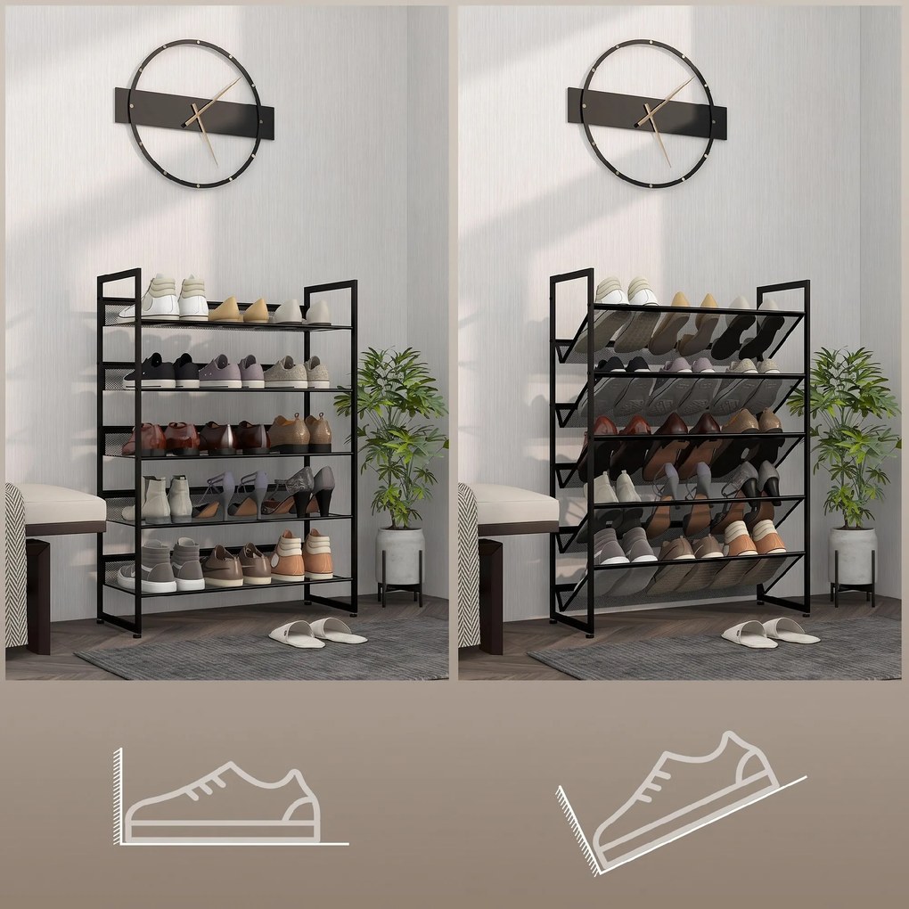 Sapateira Estreita de 5 Níveis em Aço para 15 Pares, 72 x 30 x 102 cm Preta