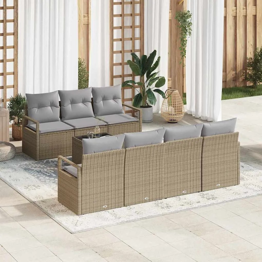 Conjunto de Sofá de Jardim de 8 Peças com Almofadas Bege Vime Sintétic