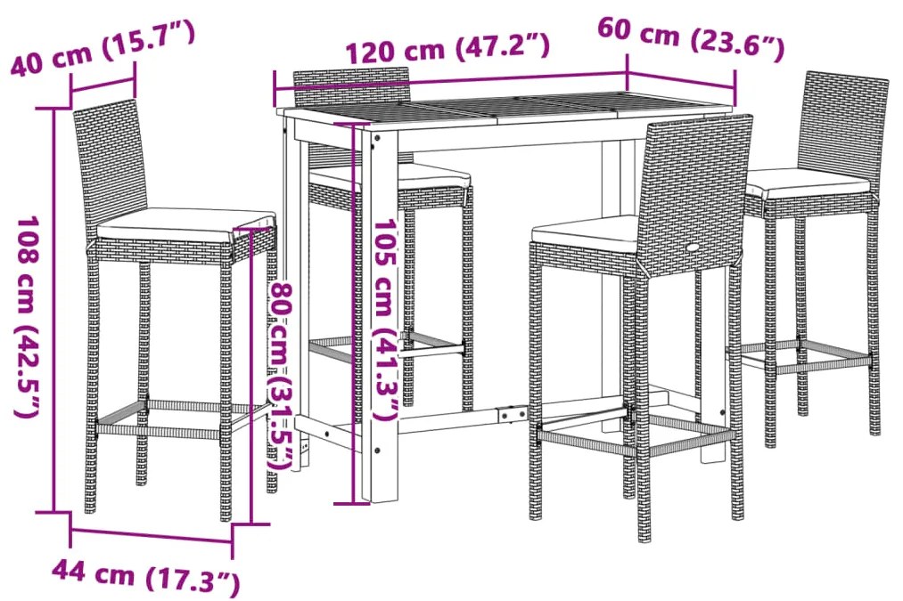 5 pcs conjunto de bar para jardim vime PE/acácia maciça preto