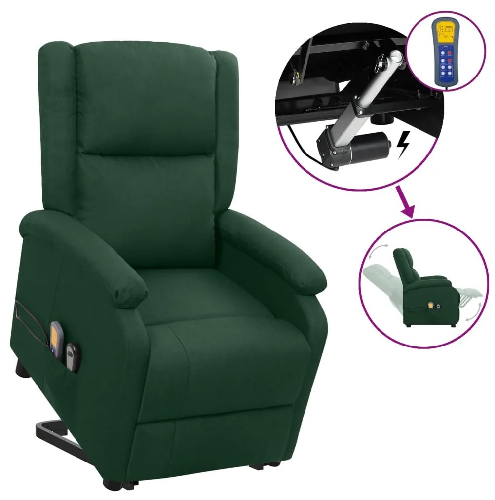 vidaXL Poltrona elevatória de massagens tecido verde-escuro