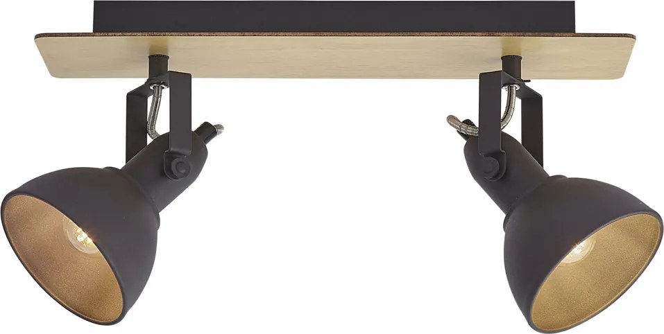 Foco de teto preto com madeira 2 luzes giratório e inclinável - Jakub