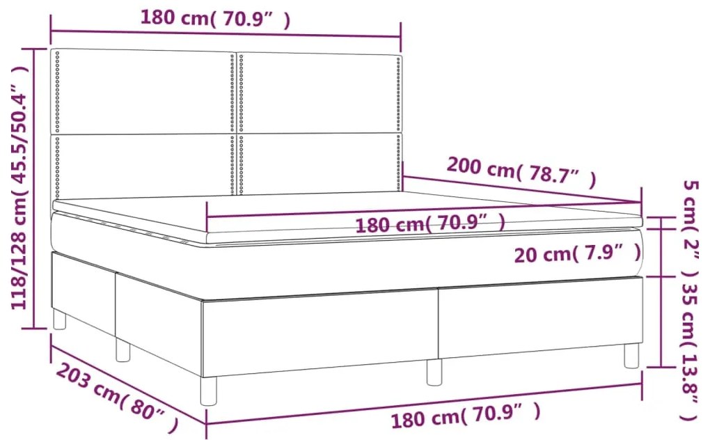 Cama box spring c/ colchão/LED 180x200cm couro artificial preto