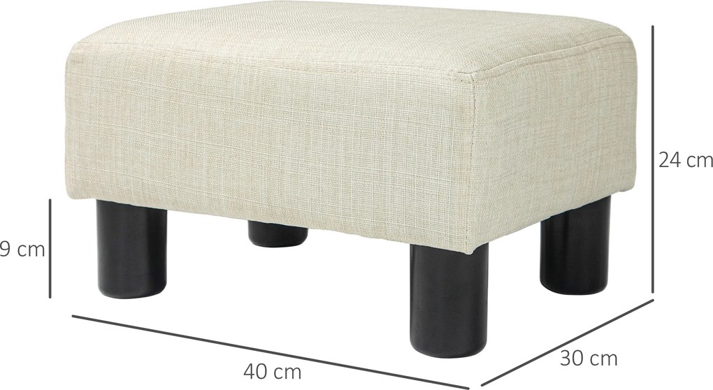 Pufef, apoio para os pés, banco baixo em tecido de linho, capacidade de carga de 110 kg, 40 x 30 x 24 cm, bege