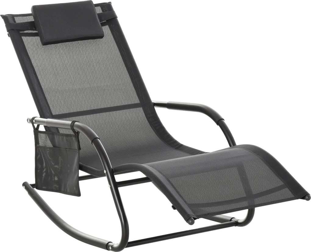 Outsunny Espreguiçadeira Baloiço de Exterior com Apoio de Cabeça Acolchoado e Bolso Lateral 150x62x88 cm Preto | Aosom Portugal