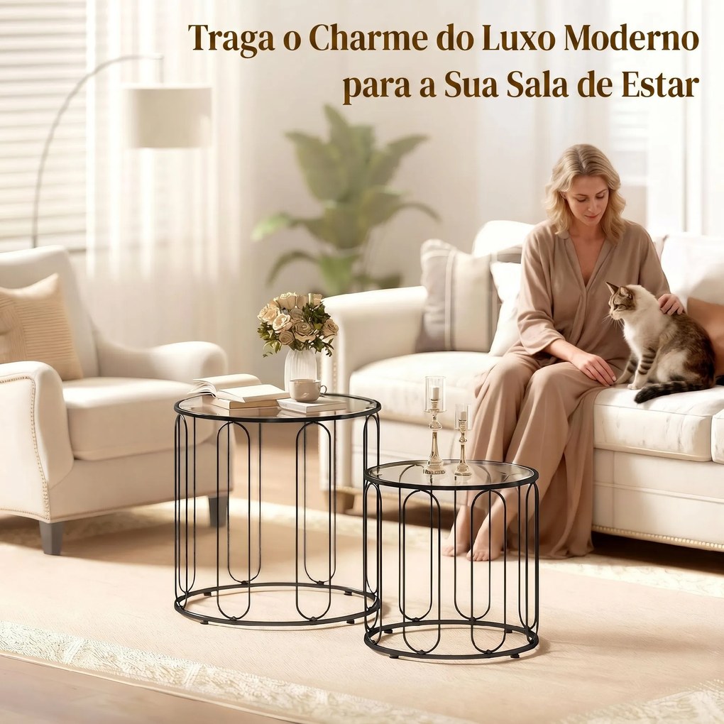 Conjunto de 2 Mesas de Apoio Tipo Ninho com Estrutura em Metal e Tampo de Vidro Ø50x50 cm e Ø40x40 cm Preto
