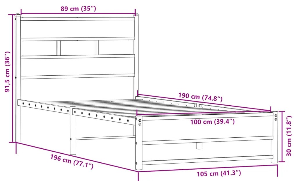 Estrutura de cama sem colchão 100x190 cm metal carvalho sonoma