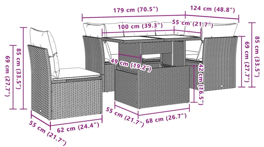 6 pcs conjunto de sofás p/ jardim com almofadões vime PE bege