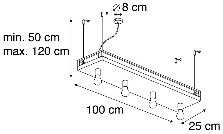 Candeeiro suspenso industrial preto madeira 4-luzes - SHELF Industrial