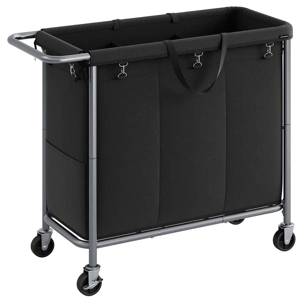 Cesto para roupa suja 3 compartimentos 200 litros com Rodas e pega 91 x 39 x 81 cm Preto