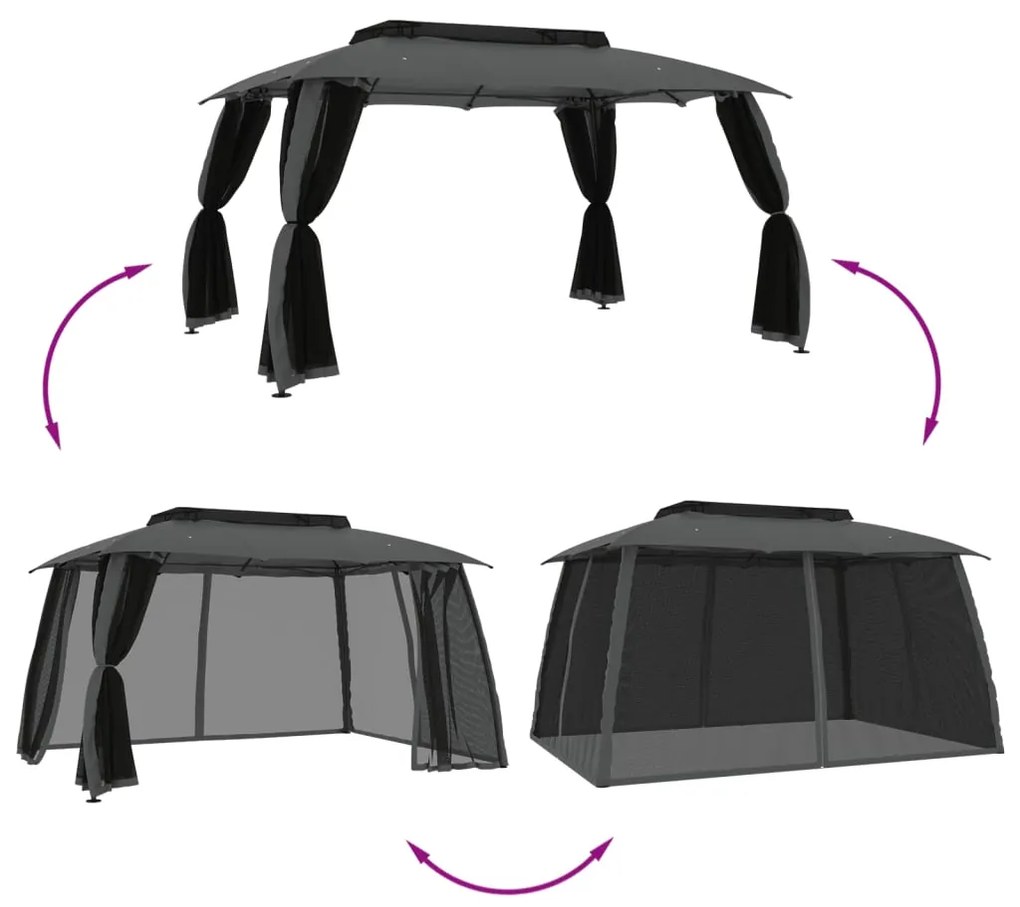 Gazebo c/ teto duplo/paredes de malha 3,93x2,93 m aço antracite