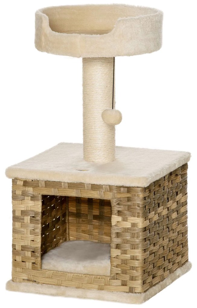 PawHut Arranhador Gatos Caverna Vime Sintético Almofada Lavável Cama Superior Sisal 36x36x69cm Bege